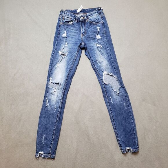 KANCAN Dark Wash Distressed Destroyed Skinny Jeans - Picture 1 of 16